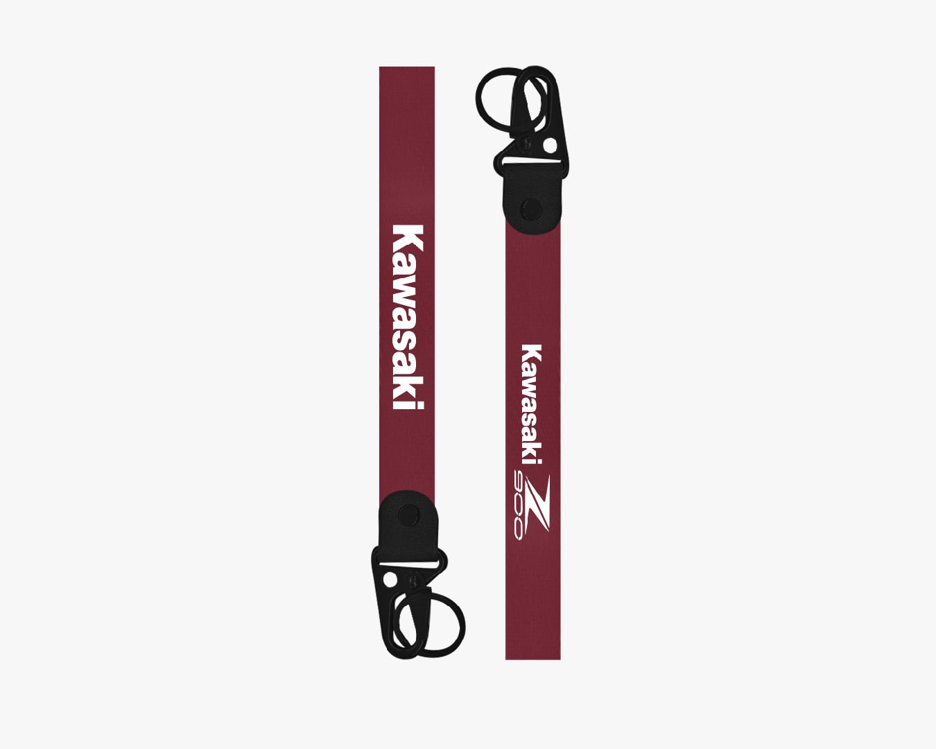 Two Kawasaki branded straps on a white background