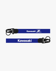 Two blue lanyards with Kawasaki branding on a white background