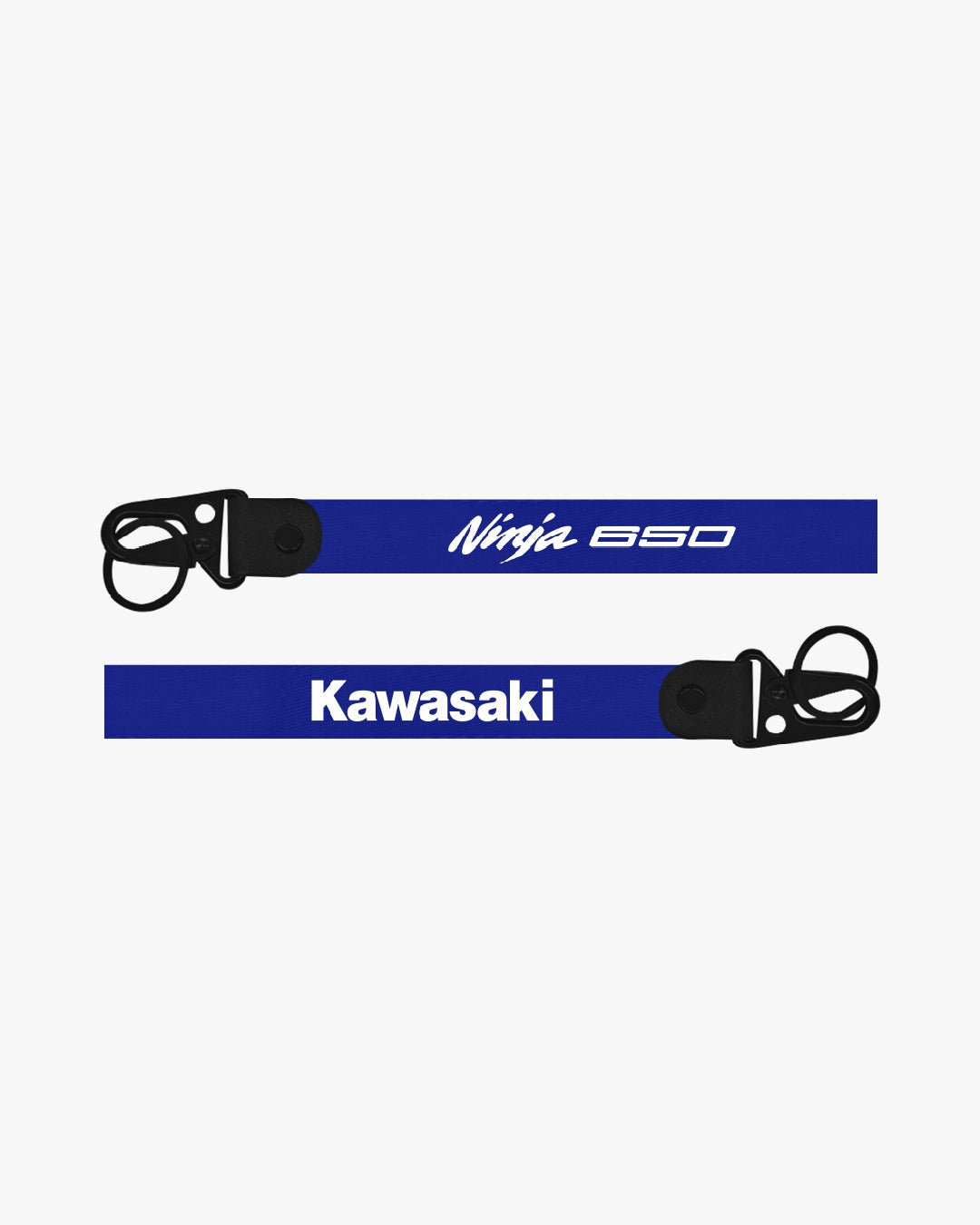 Two blue lanyards with 'Ninja 650' and 'Kawasaki' text on a white background