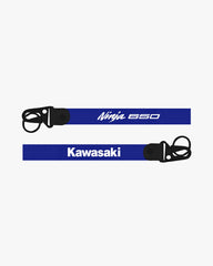 Two blue lanyards with 'Ninja 650' and 'Kawasaki' text on a white background