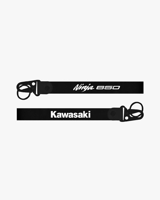 Two black lanyards with 'Kawasaki' and 'Ninja 650' text on a white background