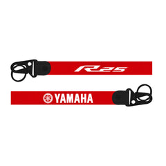 Red  Yamaha bike keychain lanyard with black attachments on a white background