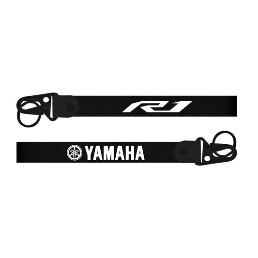 Black bike keyhain with 'R1' and Yamaha logos on a white background