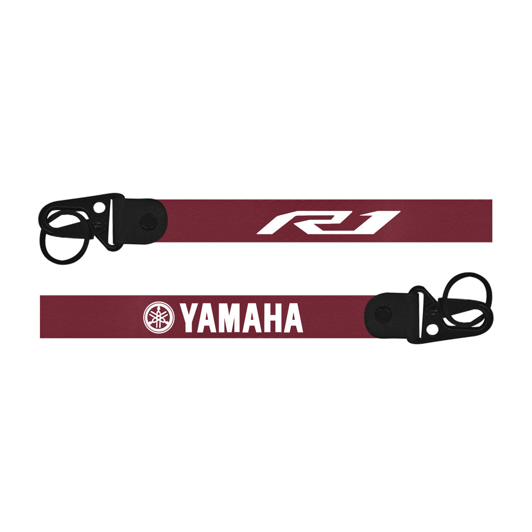 MaroonBike Keychain  with black clips featuring 'Yamaha'Bike Keychain  and 'RJ' logos on a white background 