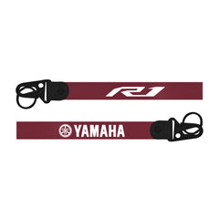 MaroonBike Keychain  with black clips featuring 'Yamaha'Bike Keychain  and 'RJ' logos on a white background 