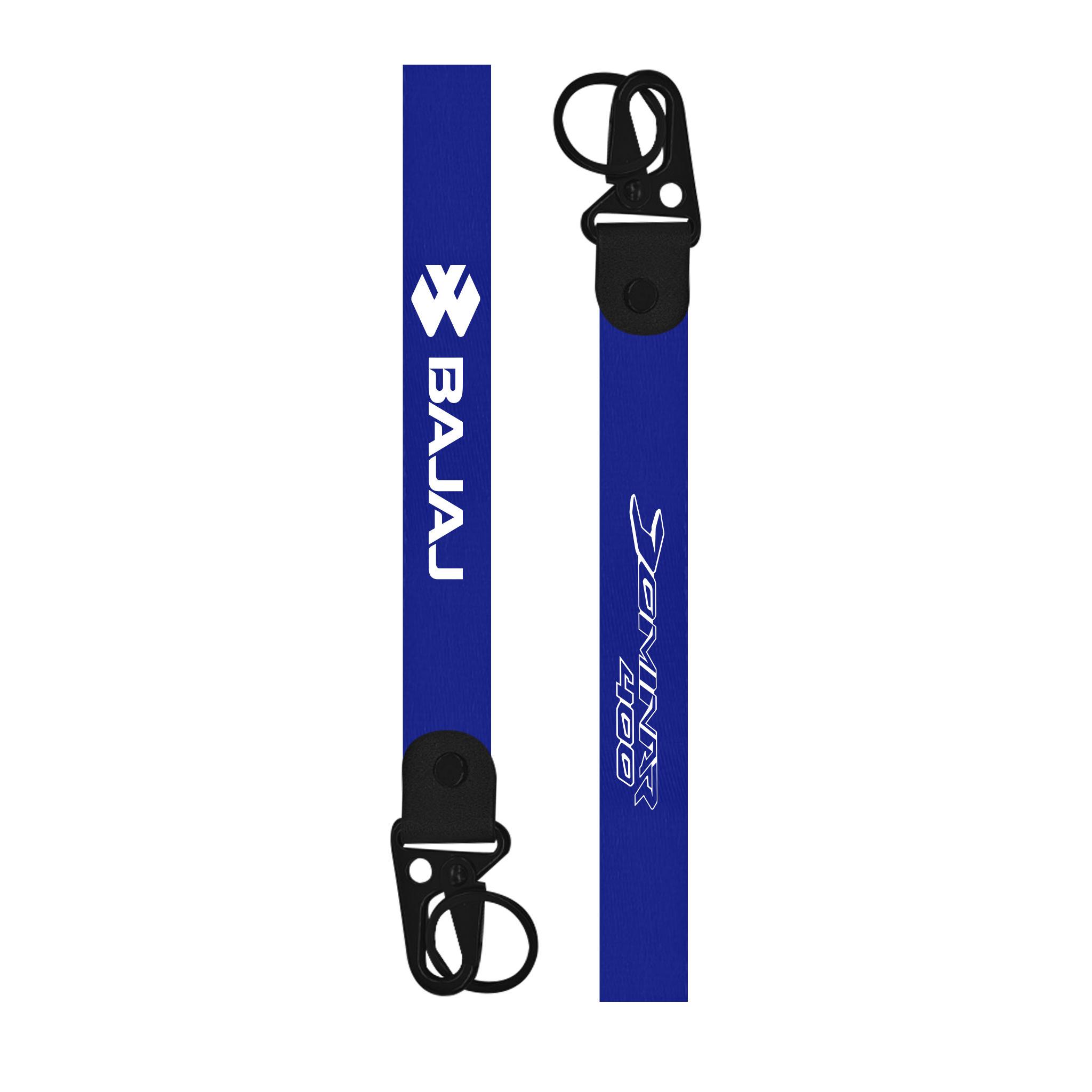 Two blue lanyards with black clip ends on a white background, featuring 'Bajaj' and 'Jonir 400' branding.