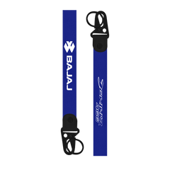 Two blue lanyards with black clip ends on a white background, featuring 'Bajaj' and 'Jonir 400' branding.