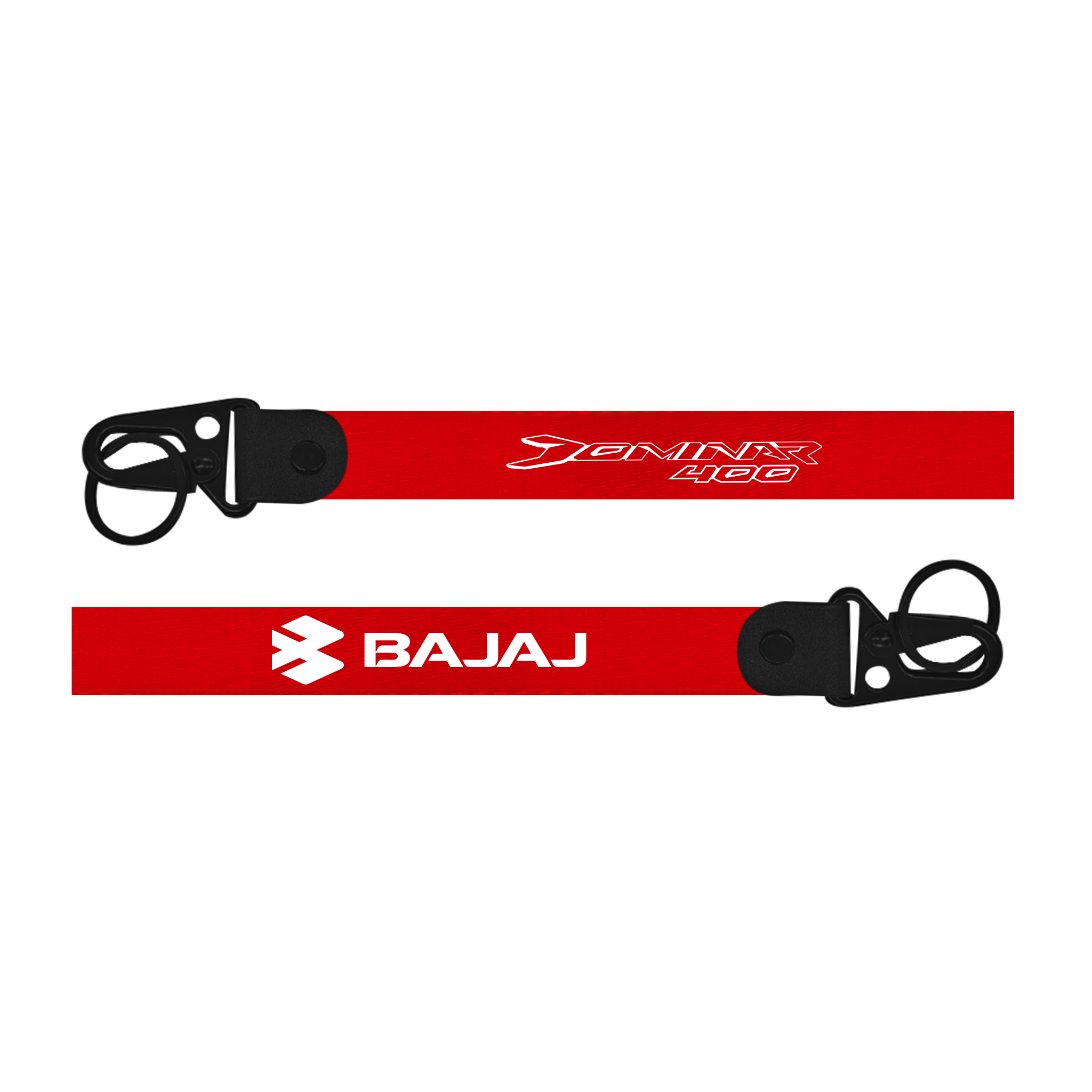 Two red lanyards with black ends and brand logos on a white background