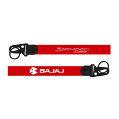 Two red lanyards with black ends and brand logos on a white background
