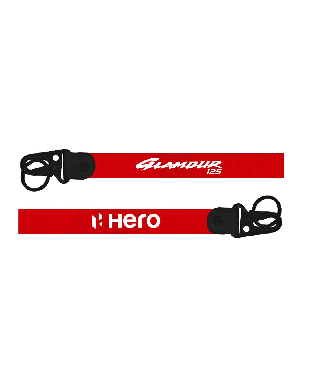Two red lanyards with black buckles and branding on a white background