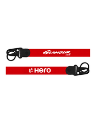 Two red lanyards with black buckles and branding on a white background