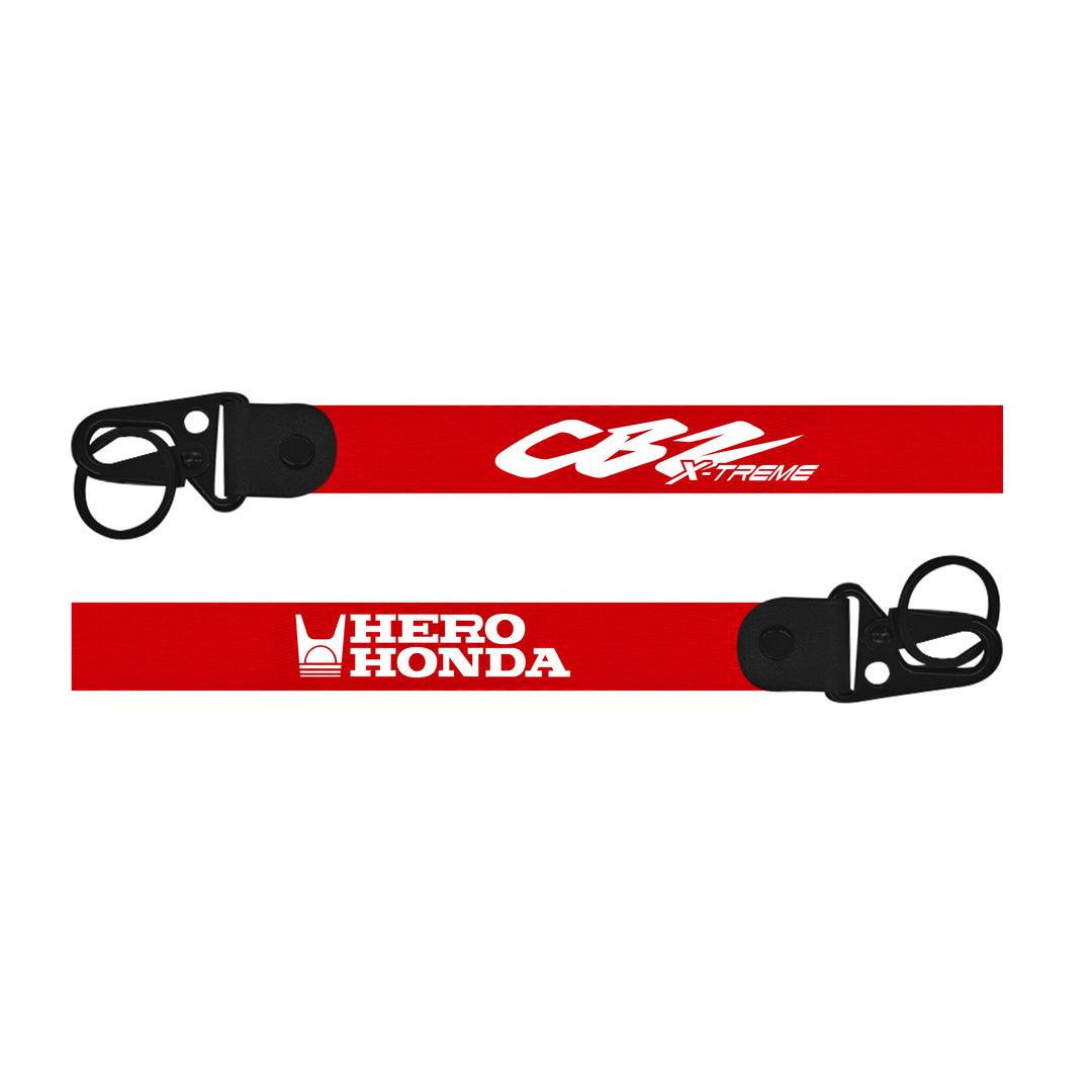 hero cbz xtreme keychain Red lanyard with black buckles featuring 'CBR' and 'Hero Honda' logos on a white background.