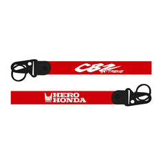 hero cbz xtreme keychain Red lanyard with black buckles featuring 'CBR' and 'Hero Honda' logos on a white background.