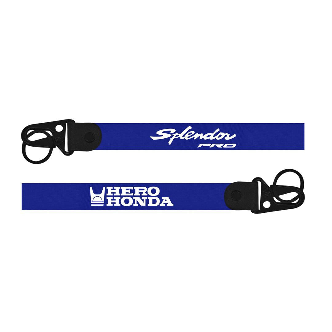 hero splendor pro blue keychain with black hooks, one featuring 'Splendor Pro' and the other 'Hero Honda', on a white background.