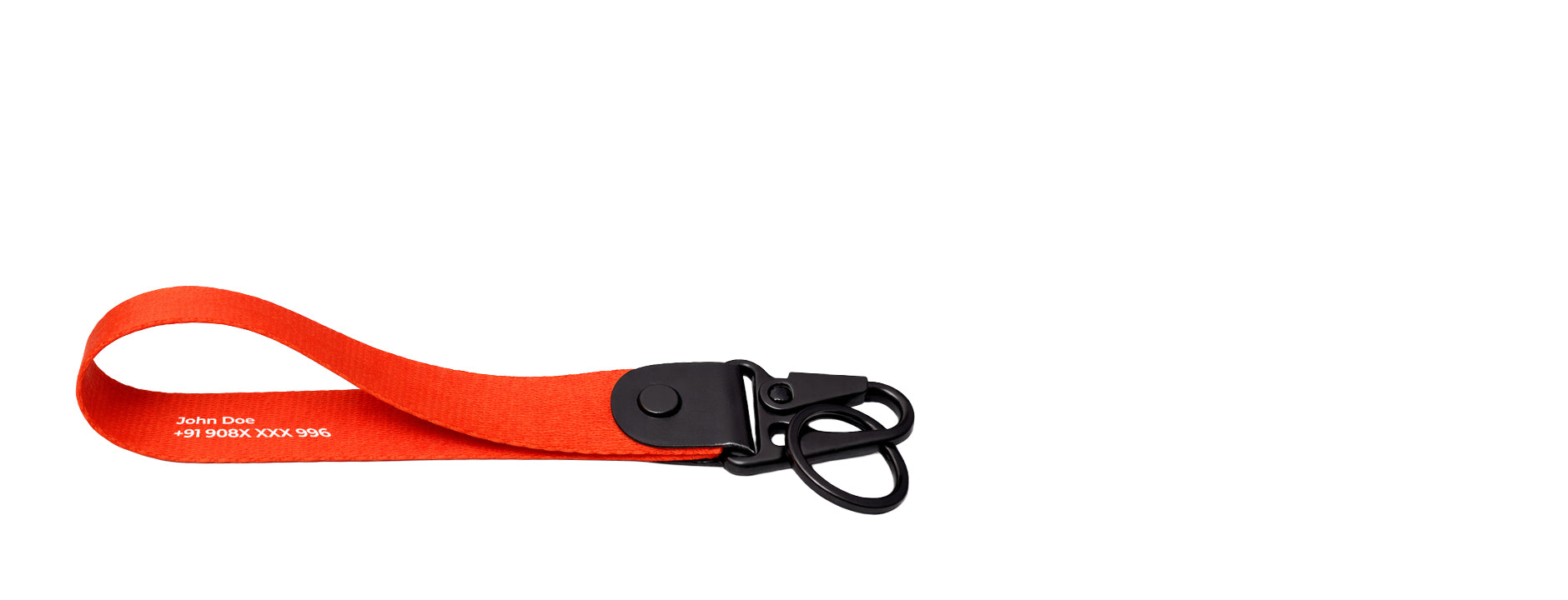 Orange lanyard with a black clip on a white background