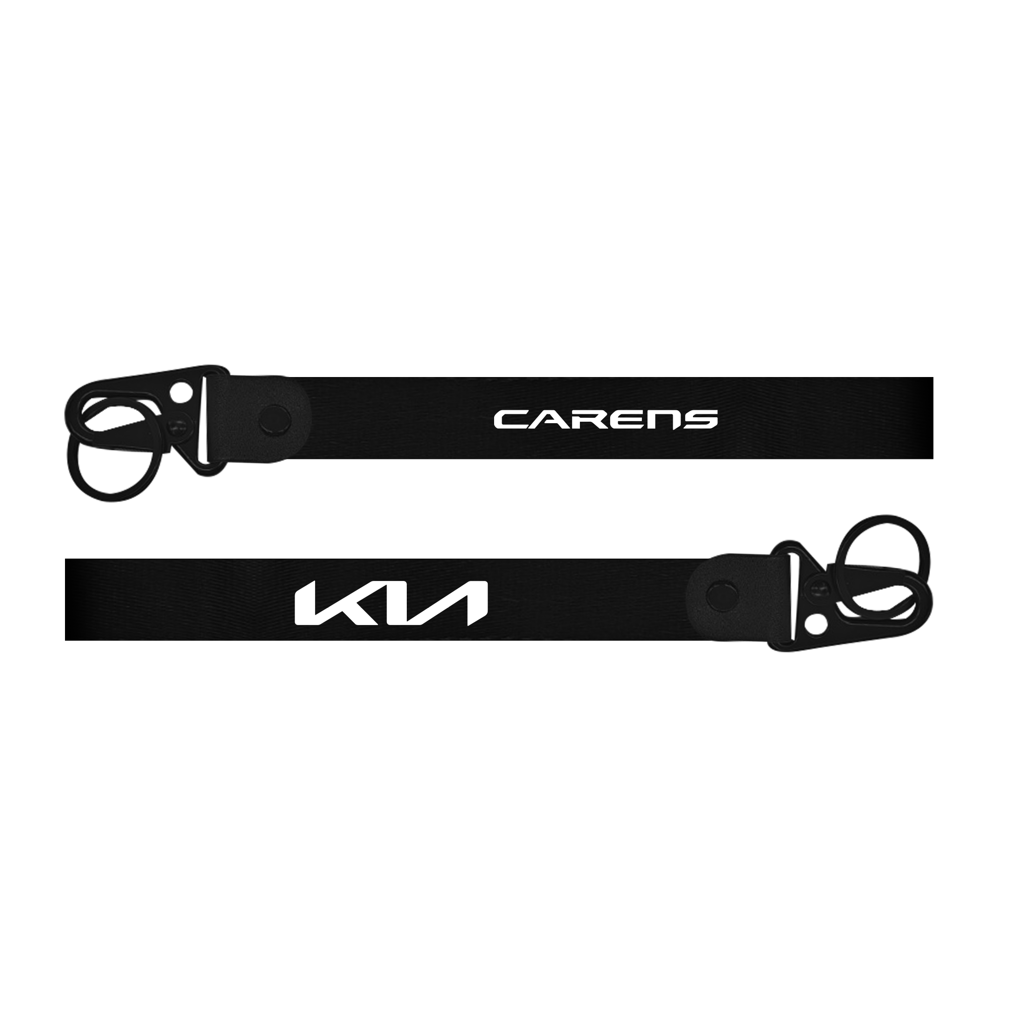 Two black lanyards with 'Carens' and 'Kia' branding on a white background