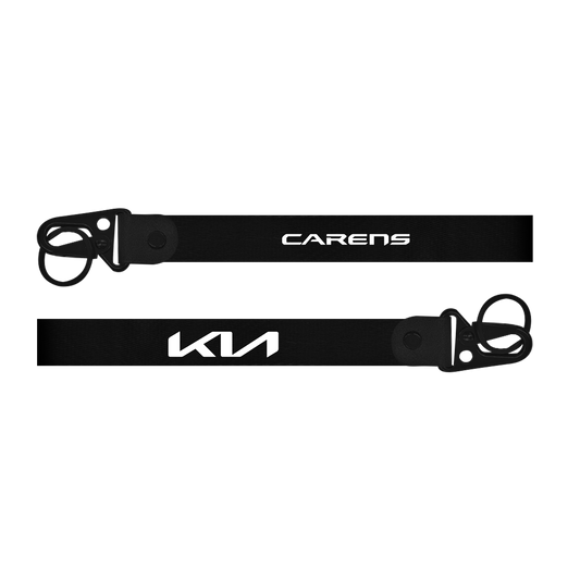 Two black lanyards with 'Carens' and 'Kia' branding on a white background