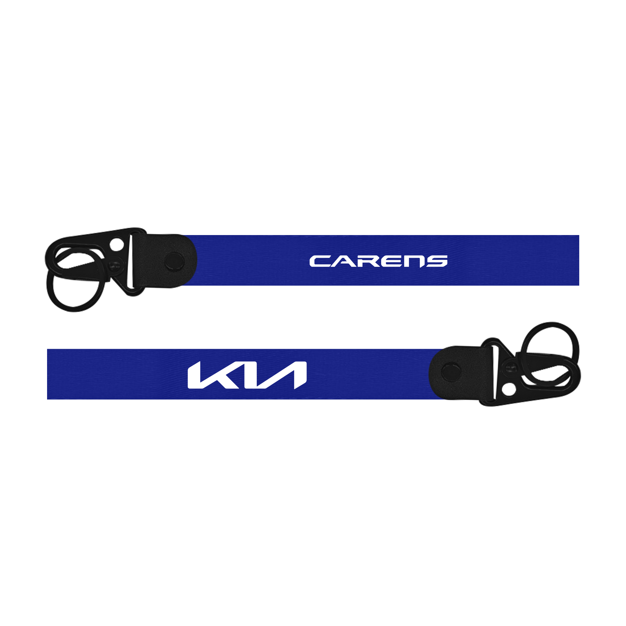 Two blue lanyards with 'Kia' and 'Carens' branding on a white background