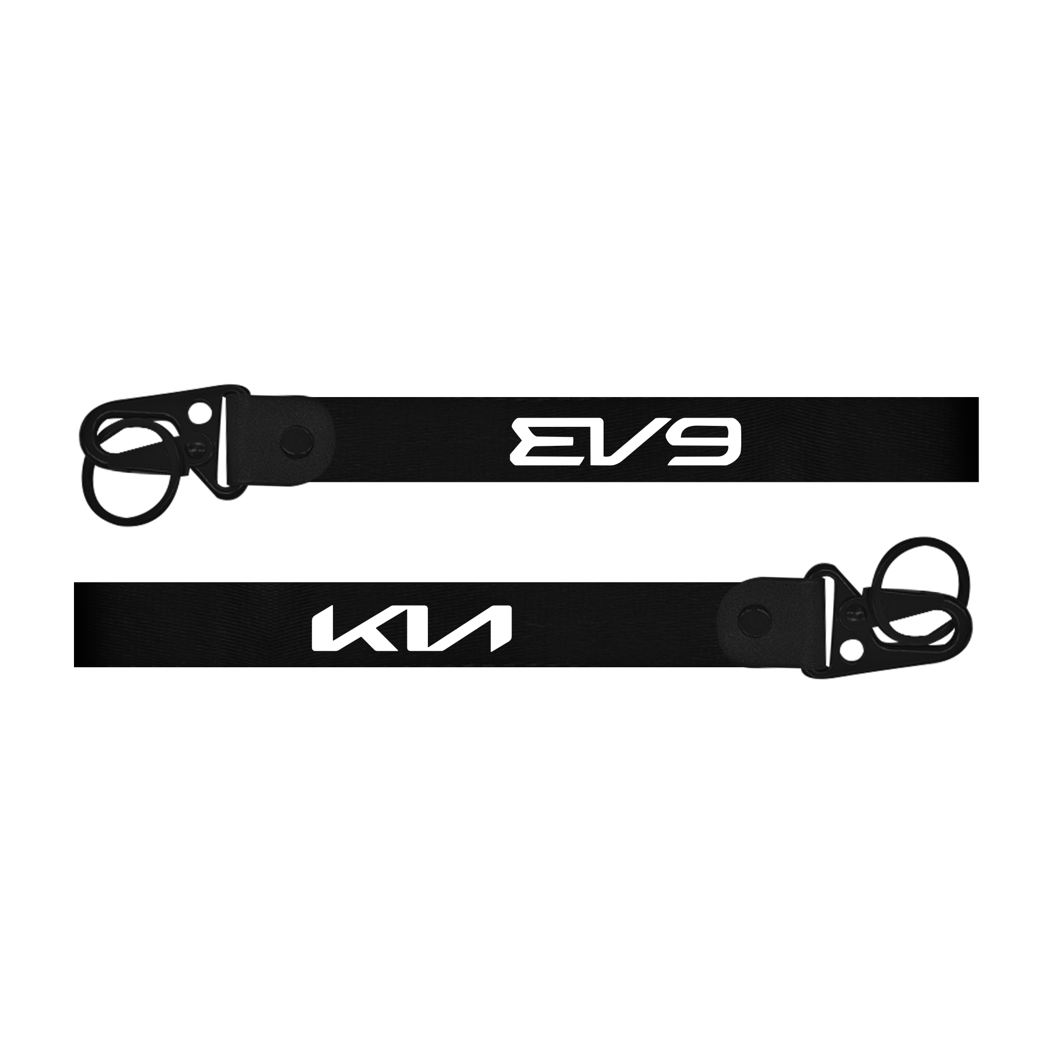 Two black lanyards with 'EV9' and 'KIA' branding on a white background