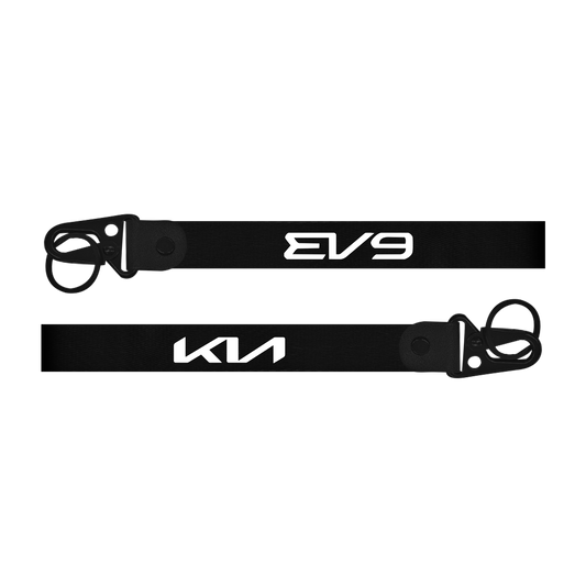 Two black lanyards with 'EV9' and 'KIA' branding on a white background
