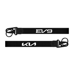 Two black lanyards with 'EV9' and 'KIA' branding on a white background