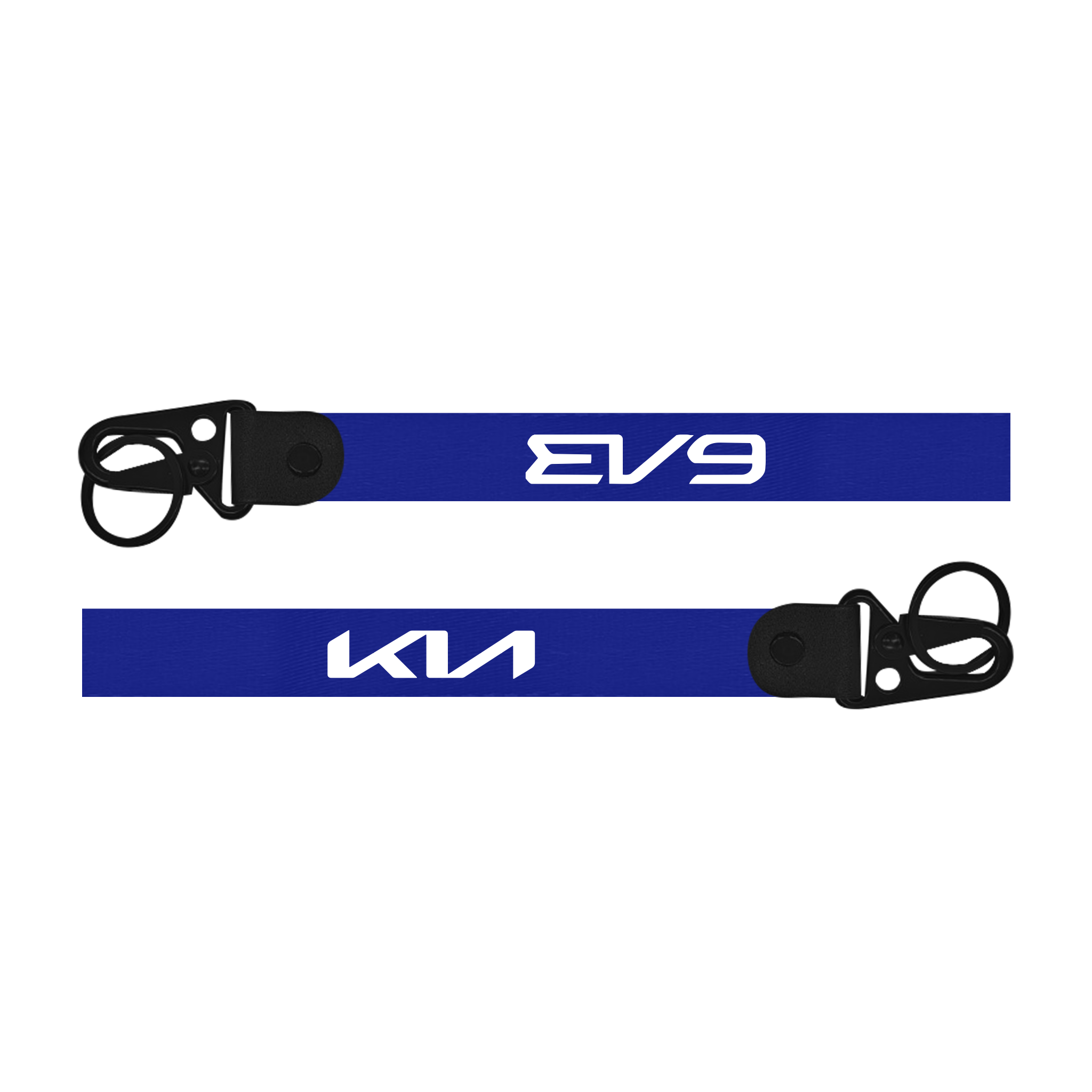 Two blue lanyards with 'EV9' and 'Kia' branding on a white background