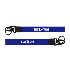 Two blue lanyards with 'EV9' and 'Kia' branding on a white background