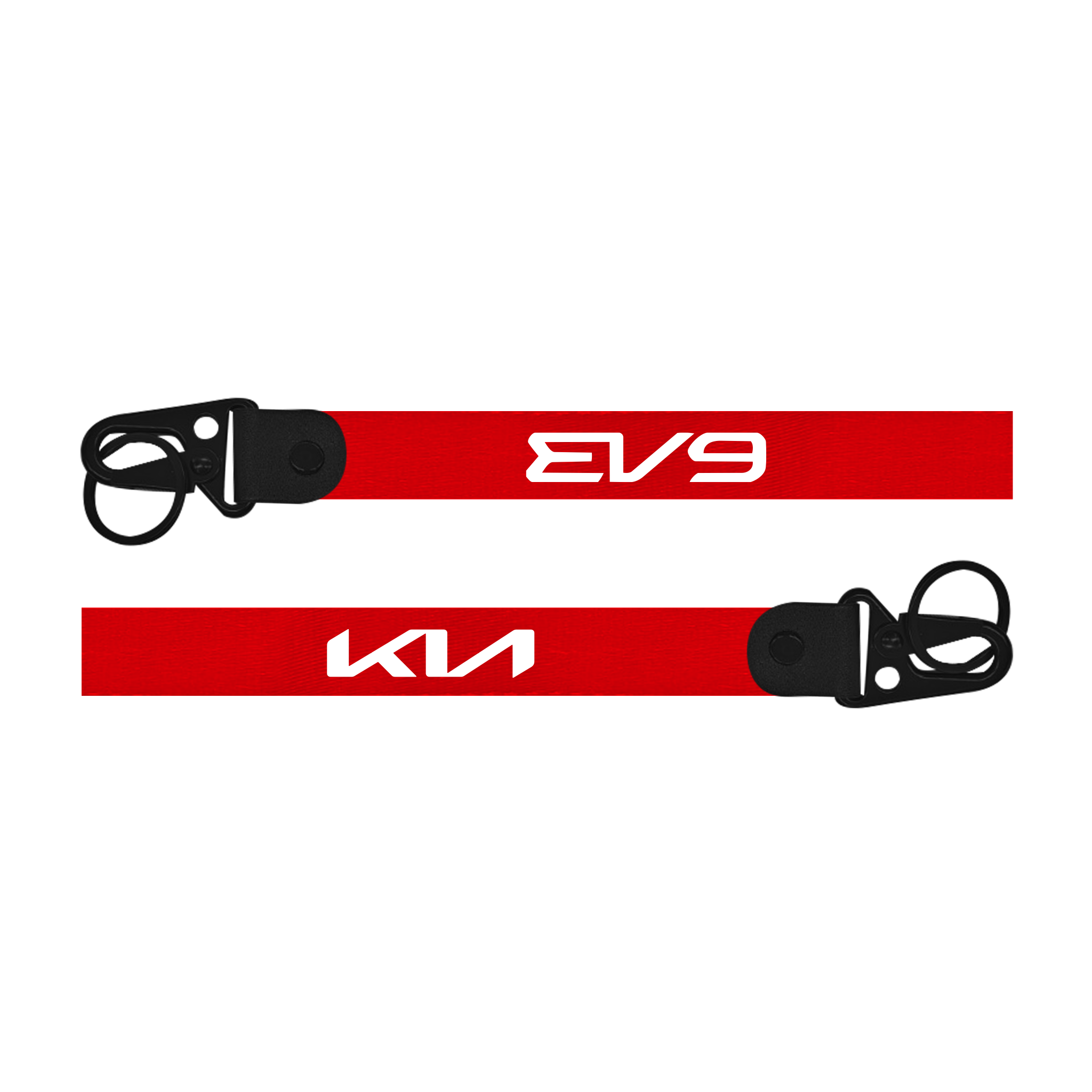 Red lanyard with 'EV9' and 'Kia' branding on a white background