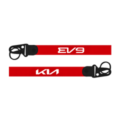 Red lanyard with 'EV9' and 'Kia' branding on a white background