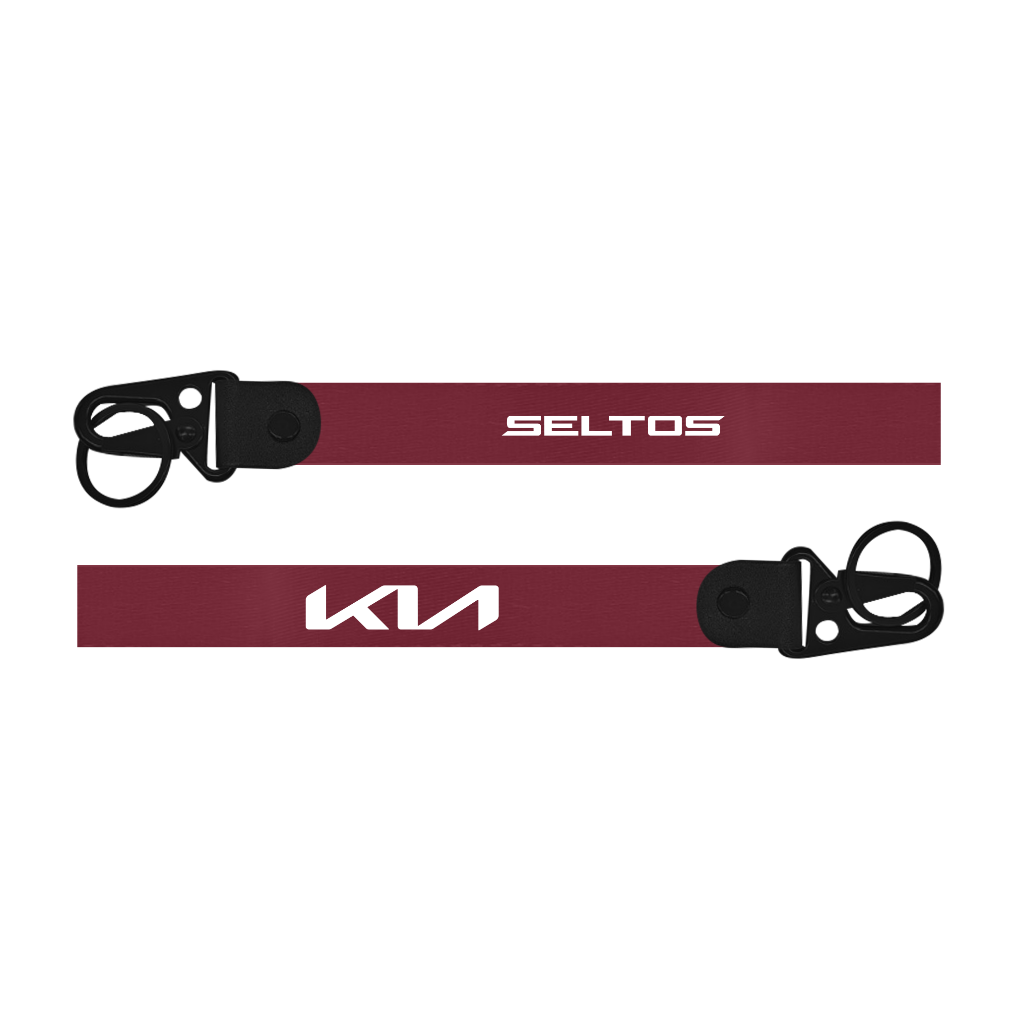 Two red lanyards with 'Seltos' and 'Kia' logos on a white background