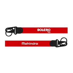 Two red lanyards with 'Bolero neo' and 'Mahindra' branding on a white background.