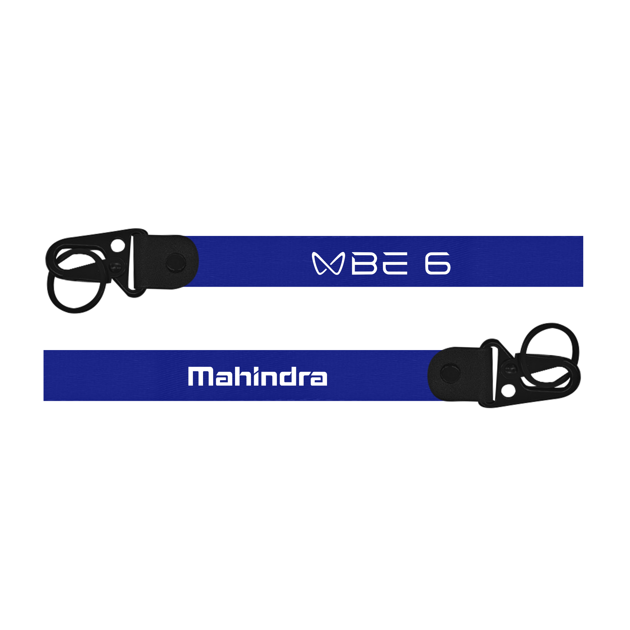 Blue lanyard with 'Mahindra' and 'BE 6' branding on a white background