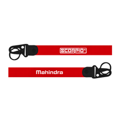Red lanyard with 'Scorpio' and 'Mahindra' branding on a white background