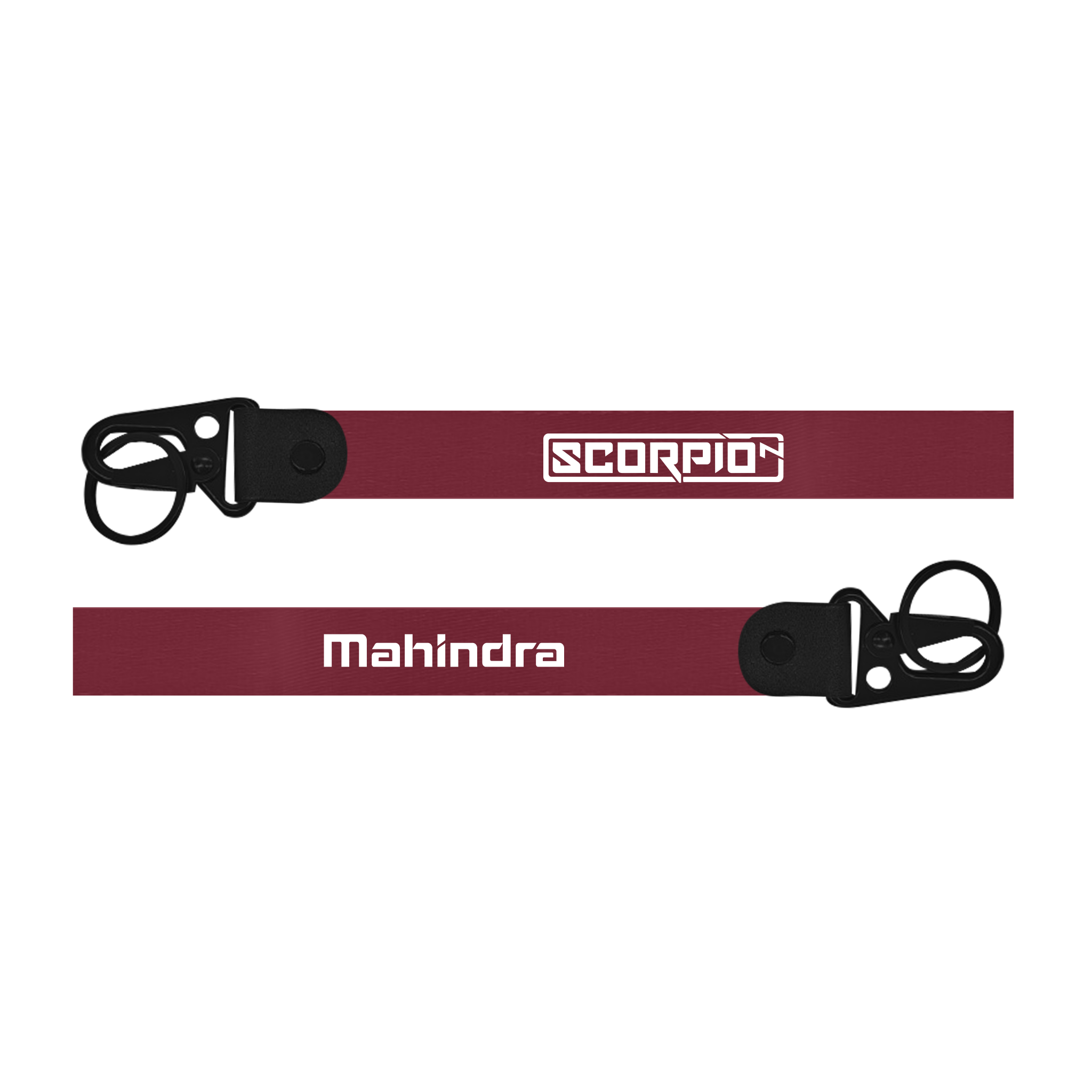 Two maroon lanyards with 'Scorpion' and 'Mahindra' branding on a white background