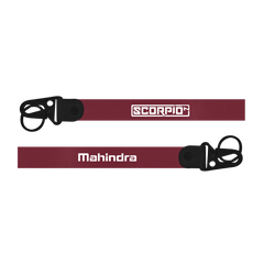 Two maroon lanyards with 'Scorpion' and 'Mahindra' branding on a white background