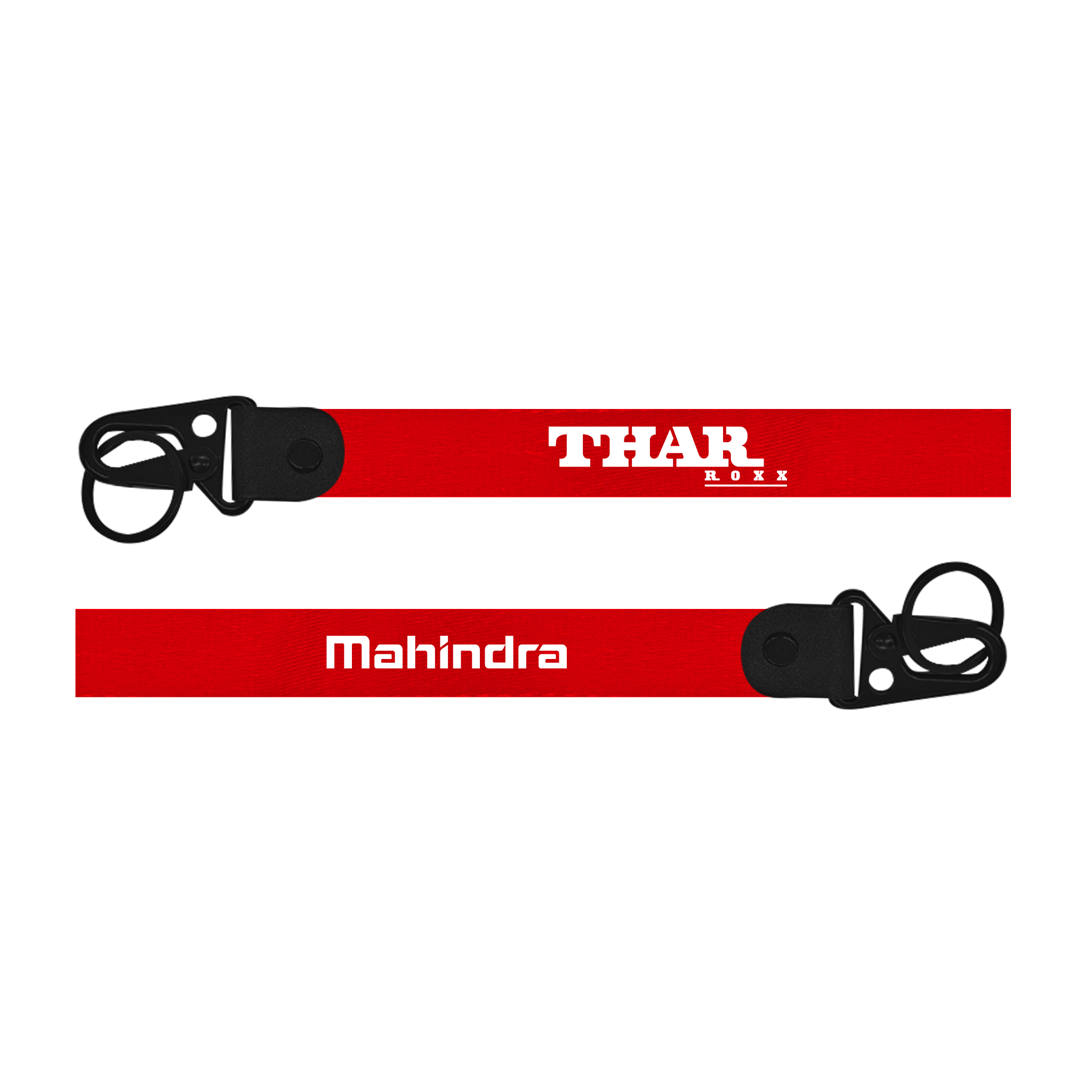 Two red straps with 'THAR' and 'Mahindra' branding on a white background
