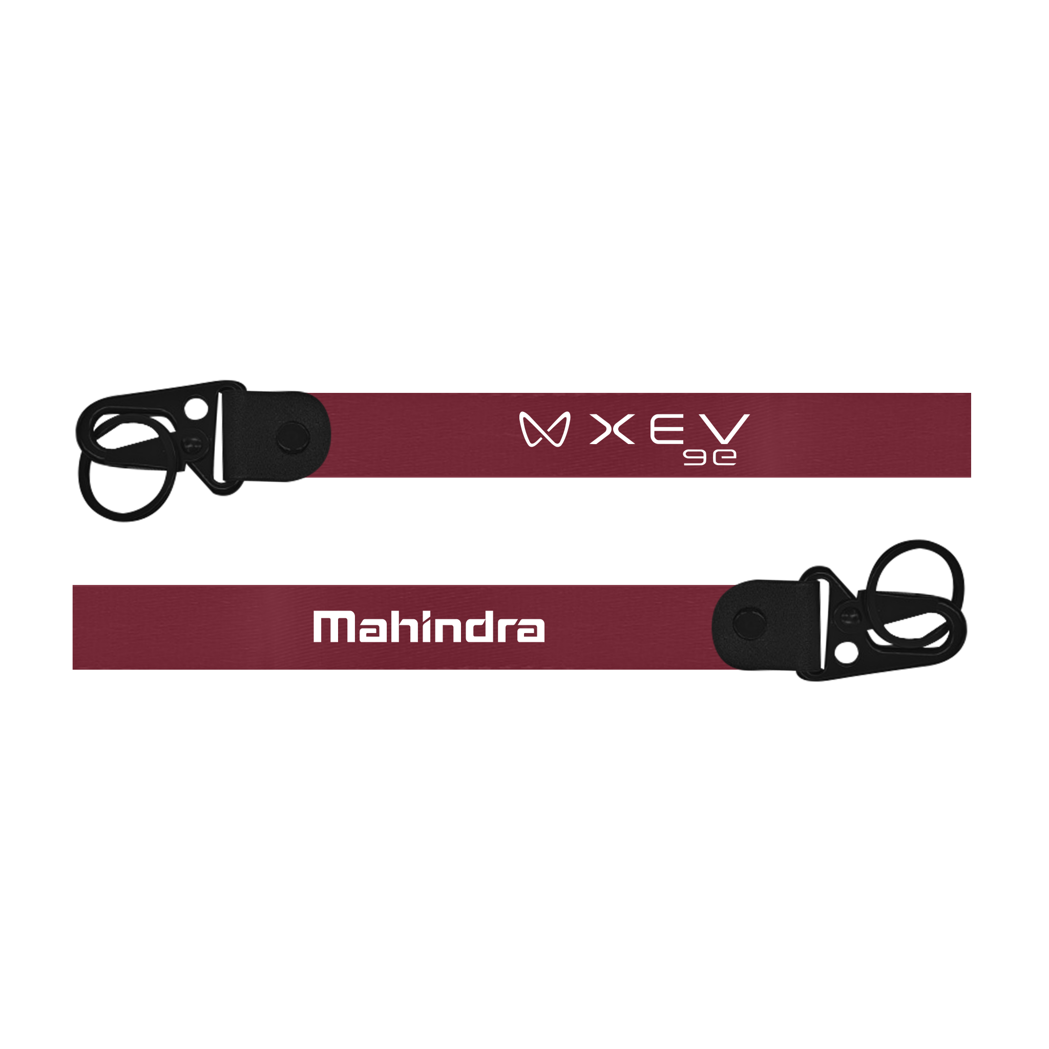 Maroon lanyard with 'XEV' and 'Mahindra' branding on a white background