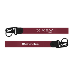 Maroon lanyard with 'XEV' and 'Mahindra' branding on a white background