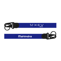 Two blue lanyards with 'XEV' and 'Mahindra' branding on a white background