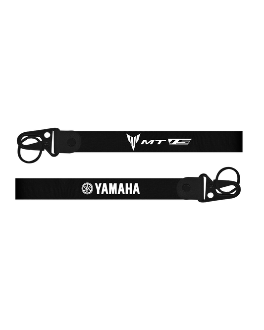 Two black straps with 'Yamaha' and 'MT-0' logos on a white background