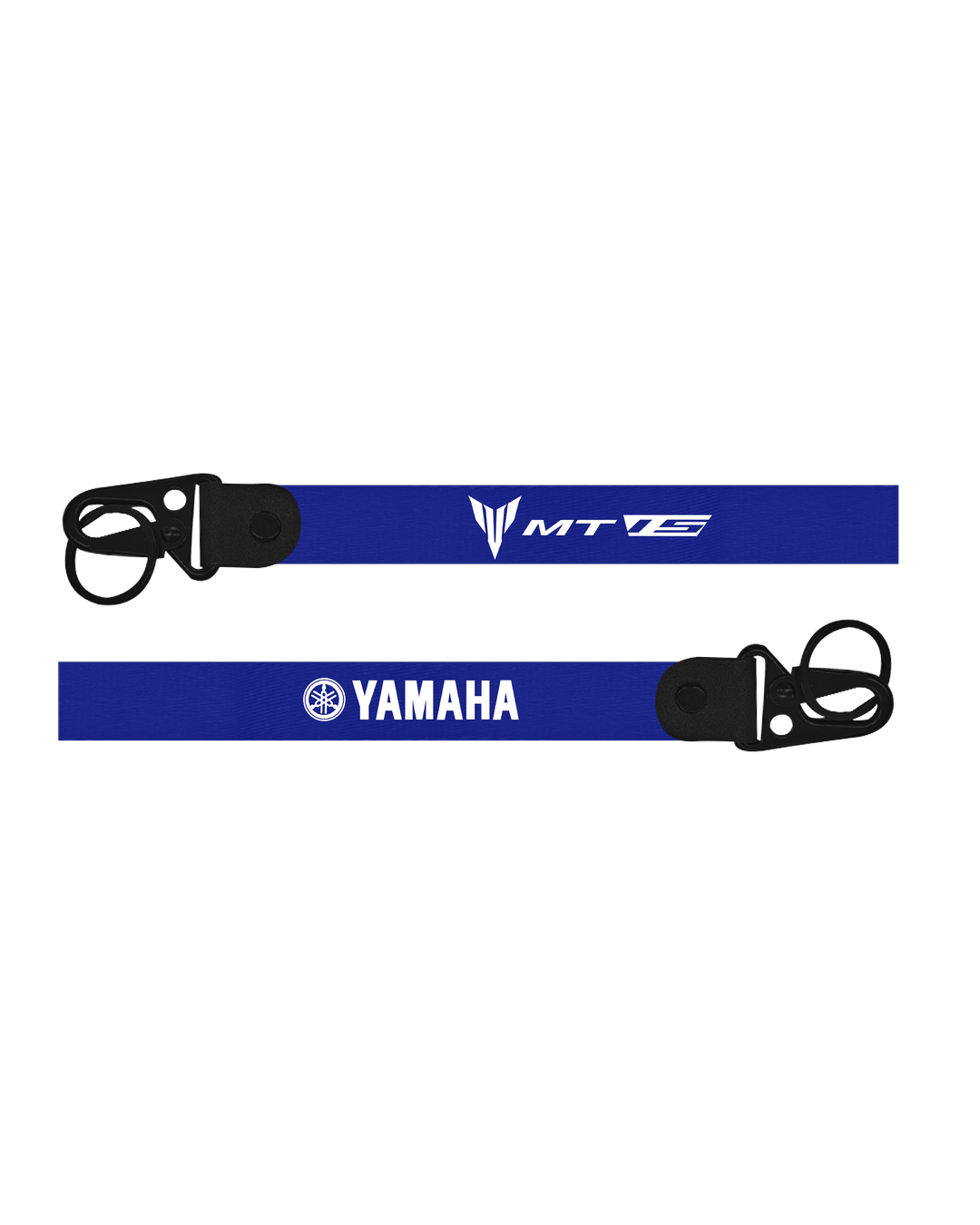 Two blue keychains with 'MT' and Yamaha logos on a white background