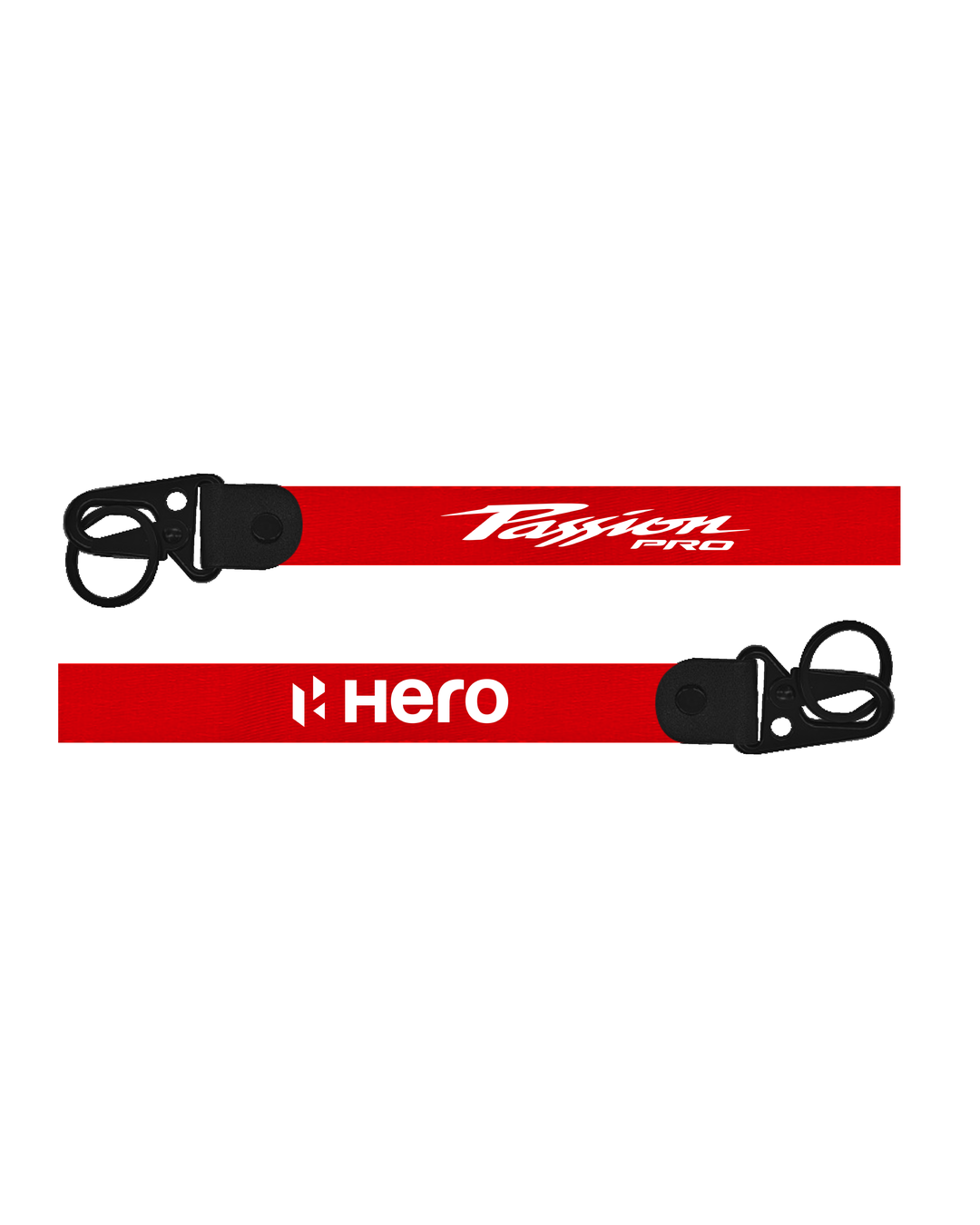 Two red lanyards with black clips on a white background, featuring 'Passion Pro' and 'Hero' branding.