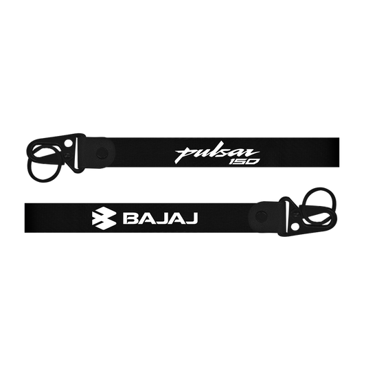 Two black lanyards with 'Pulsar 150' and 'Bajaj' branding on a white background