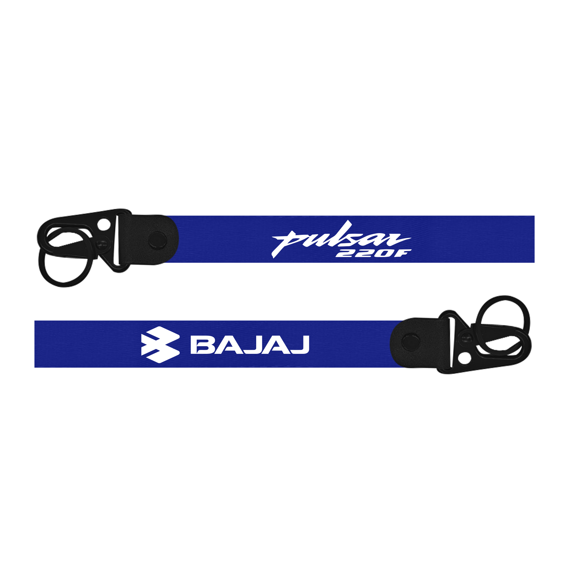Two blue keychains with 'Pulsar 220F' and 'Bajaj' branding on a white background.