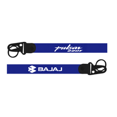 Two blue keychains with 'Pulsar 220F' and 'Bajaj' branding on a white background.