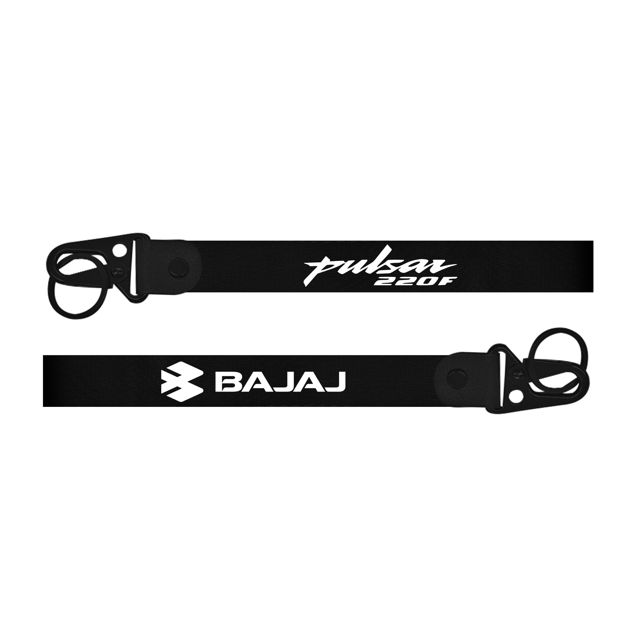 Two black straps with 'Pulsar 220F' and 'Bajaj' branding on a white background