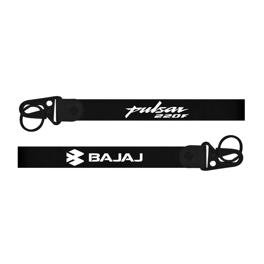 Two black straps with 'Pulsar 220F' and 'Bajaj' branding on a white background
