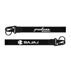 Two black straps with 'Pulsar 220F' and 'Bajaj' branding on a white background