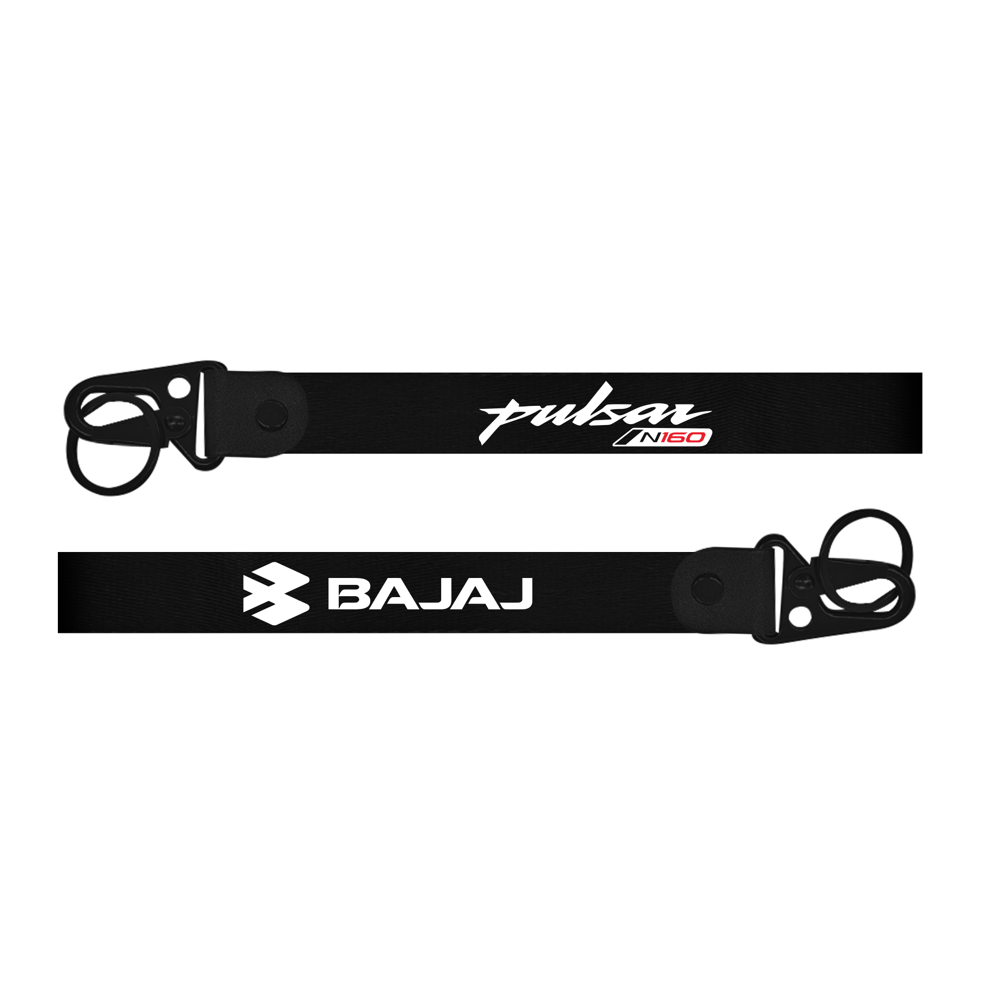 Two black keychains with 'Pulsar' and 'Bajaj' logos on a white background