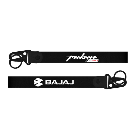 Two black keychains with 'Pulsar' and 'Bajaj' logos on a white background